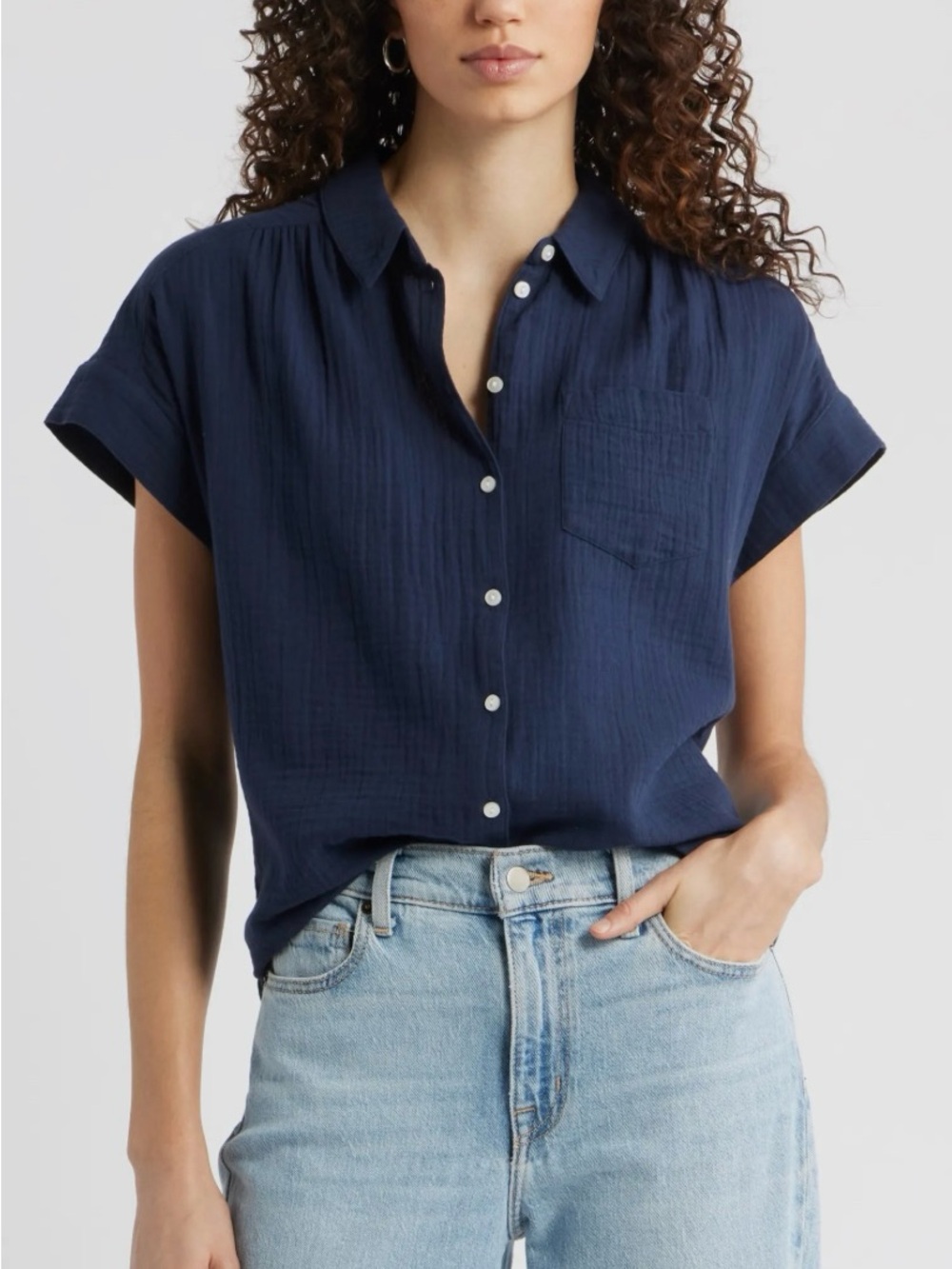 Nordstrom’s CASLON navy blue gauze / gauzy 100% cotton navy blue button up shirt